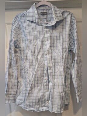 Michael Kors Airsoft Stretch Plaid Dress Shirt Blue Green Regular Fit 16 32/33